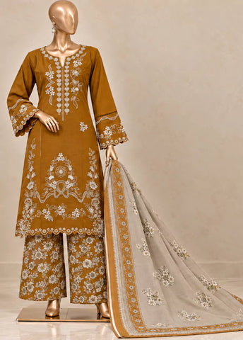 3 Piece Embroidered Stitched Mustard Color Khaddar Shirt with Trouser & Dupatta