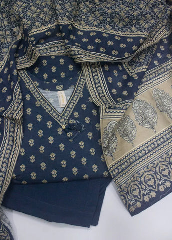 3 Piece Printed Stitched Navy Blue Color Khaddar Shirt with Trouser & Dupatta