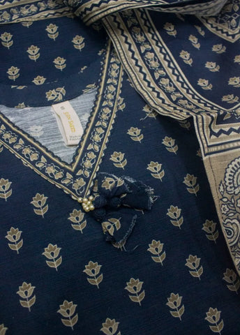3 Piece Printed Stitched Navy Blue Color Khaddar Shirt with Trouser & Dupatta