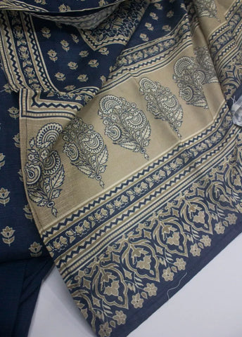 3 Piece Printed Stitched Navy Blue Color Khaddar Shirt with Trouser & Dupatta