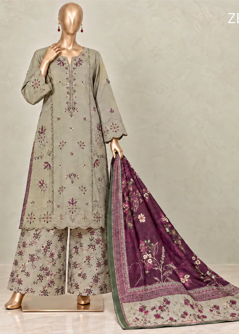 3 Piece Embroidered Stitched Pista Green Color Khaddar Shirt with Trouser & Dupatta