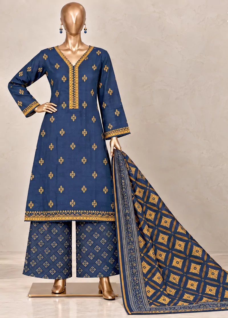 3 Piece Embroidered Stitched Ink Blue Color Khaddar Shirt with Trouser & Dupatta
