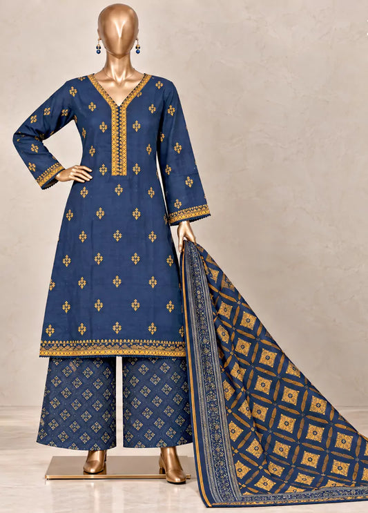 3 Piece Embroidered Stitched Ink Blue Color Khaddar Shirt with Trouser & Dupatta