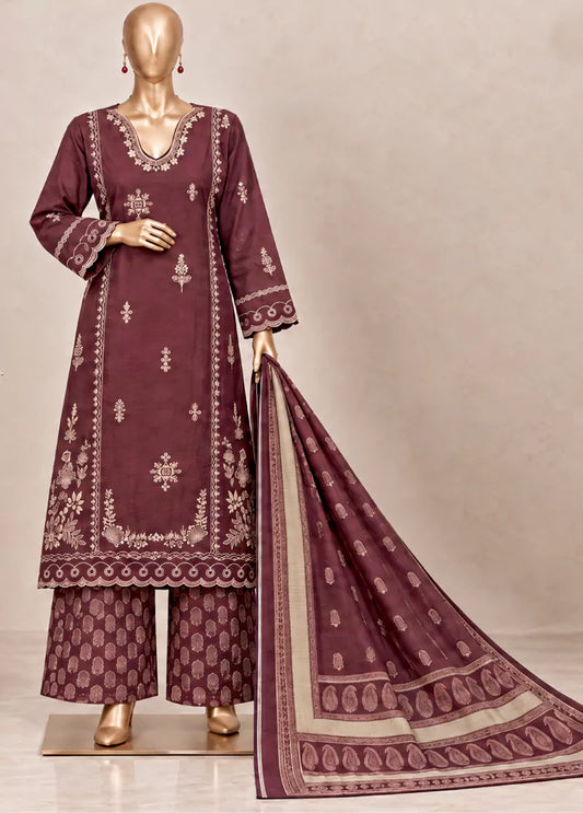 3 Piece Embroidered Stitched Maroon Color Khaddar Shirt with Trouser & Dupatta