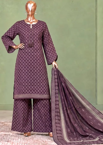 3 Piece Printed Stitched Plum Color Khaddar Shirt with Trouser & Dupatta