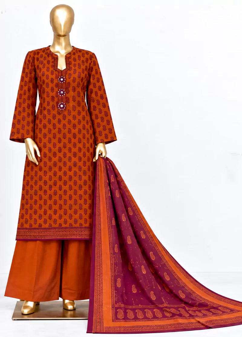 3 Piece Printed Stitched Orange Color Khaddar Shirt with Trouser & Dupatta