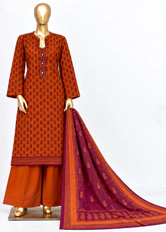 3 Piece Printed Stitched Orange Color Khaddar Shirt with Trouser & Dupatta