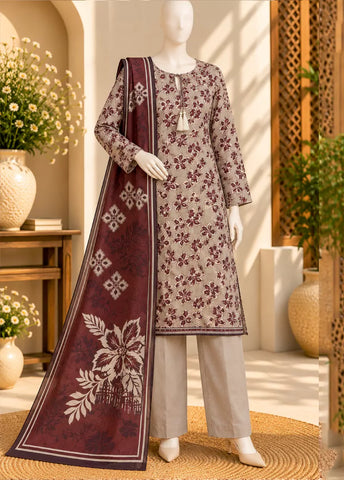 3 Piece Printed Stitched Maroon & Beige Color Khaddar Shirt with Trouser & Dupatta