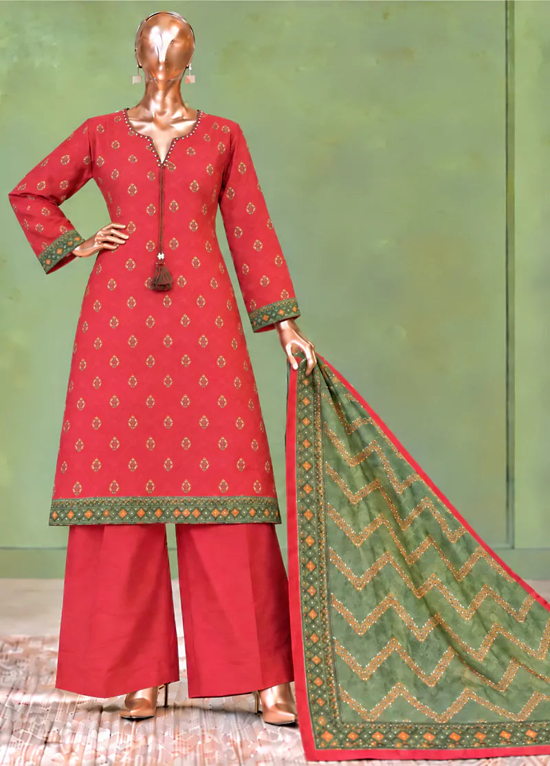 3 Piece Printed Stitched Red Color Khaddar Shirt with Trouser & Dupatta