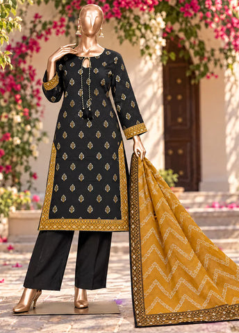 3 Piece Printed Stitched Black Color Khaddar Shirt with Trouser & Dupatta
