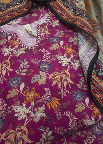 3 Piece Printed Stitched MultiColor Khaddar Shirt with Trouser & Dupatta