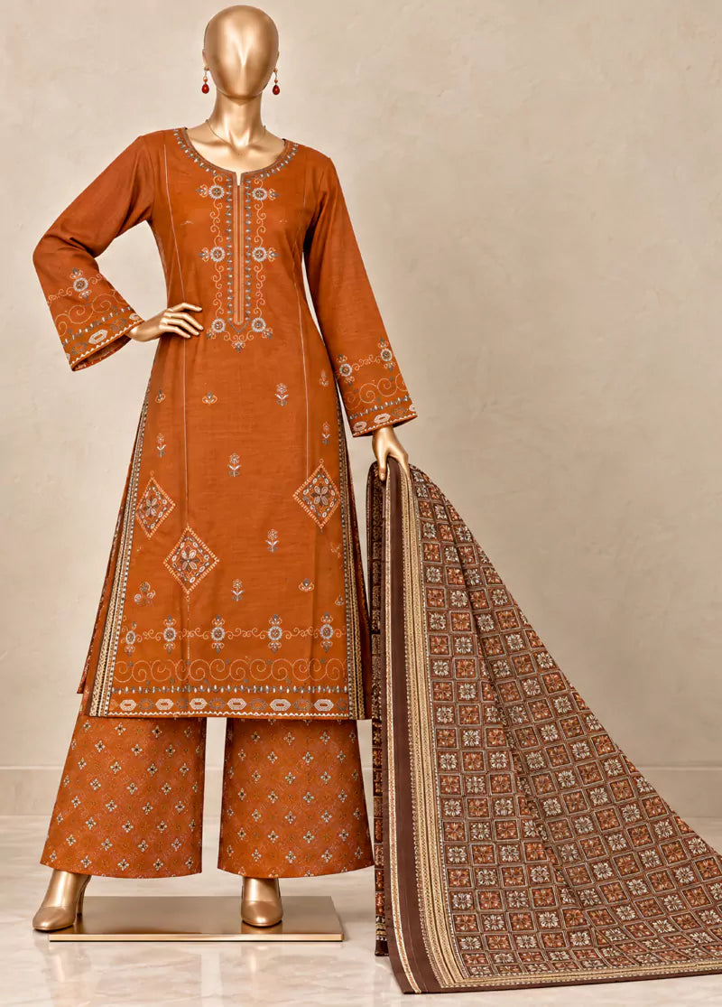 3 Piece Embroidered Stitched Honey Orange Color Khaddar Shirt with Trouser & Dupatta