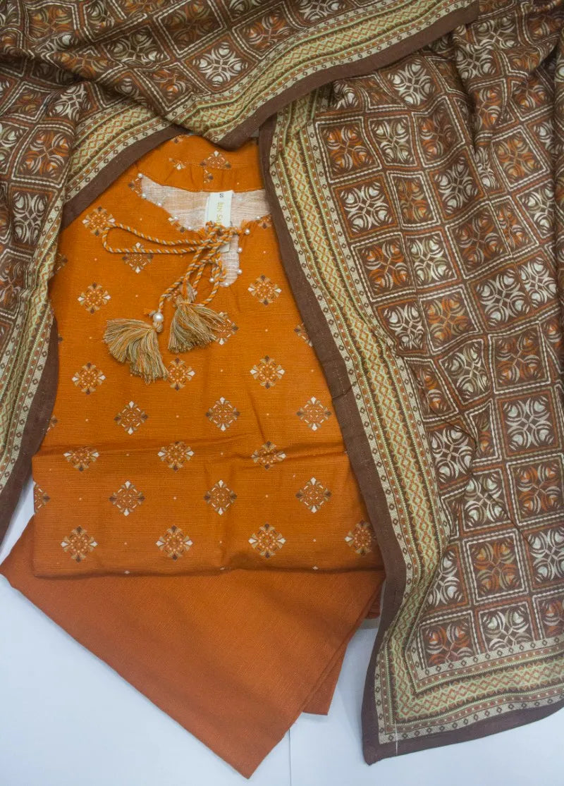 3 Piece Printed Stitched Orange Color Khaddar Shirt with Trouser & Dupatta