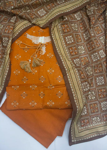 3 Piece Printed Stitched Orange Color Khaddar Shirt with Trouser & Dupatta