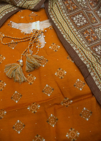 3 Piece Printed Stitched Orange Color Khaddar Shirt with Trouser & Dupatta