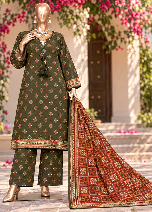 3 Piece Printed Stitched Olive Green Color Khaddar Shirt with Trouser & Dupatta