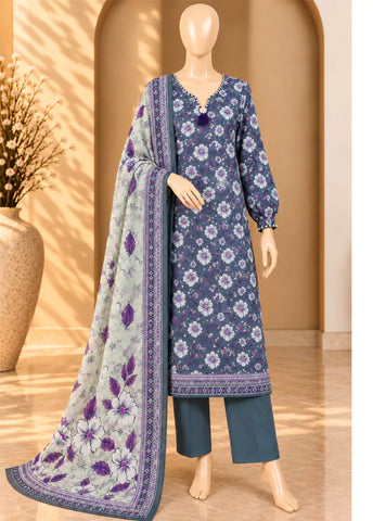 3 Piece Printed Stitched Grey Color Khaddar Shirt with Trouser & Dupatta