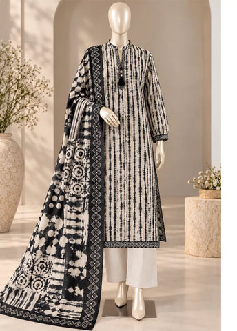 3 Piece Printed Stitched Black & Off White Color Khaddar Shirt with Trouser & Dupatta