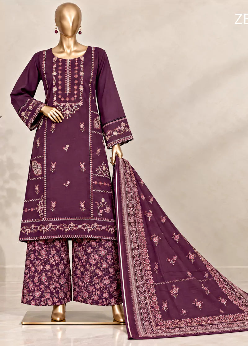 3 Piece Embroidered Stitched Plum Color Khaddar Shirt with Trouser & Dupatta
