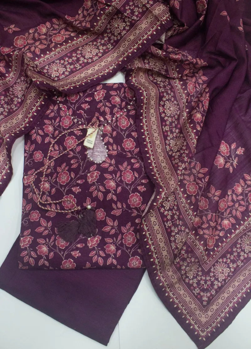 3 Piece Printed Stitched Plum Color Khaddar Shirt with Trouser & Dupatta
