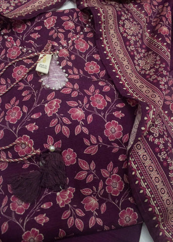 3 Piece Printed Stitched Plum Color Khaddar Shirt with Trouser & Dupatta