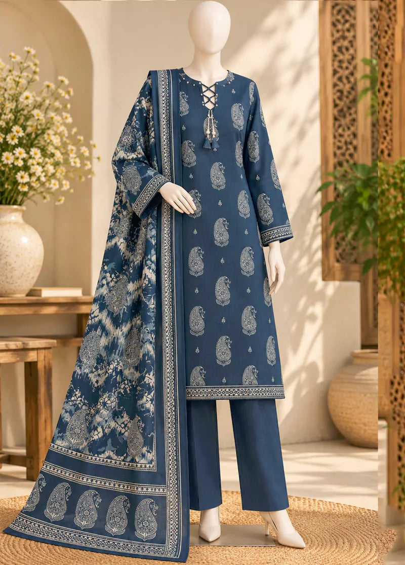 3 Piece Printed Stitched Navy Blue Color Khaddar Shirt with Trouser & Dupatta