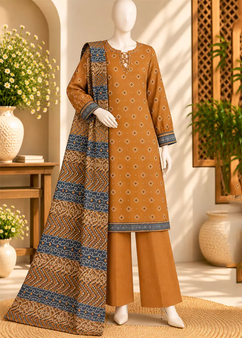 3 Piece Printed Stitched Merigold Orange Color Khaddar Shirt with Trouser & Dupatta