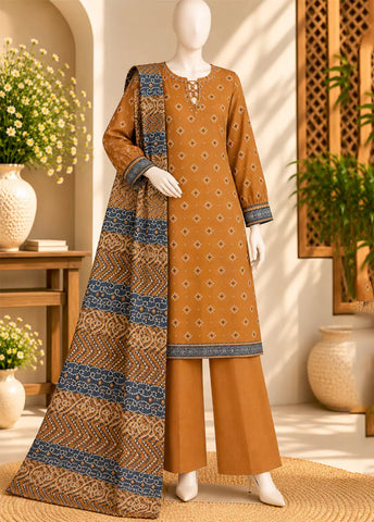 3 Piece Printed Stitched Merigold Orange Color Khaddar Shirt with Trouser & Dupatta