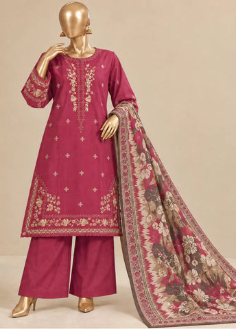 3 Piece Embroidered Stitched Red Color Khaddar Shirt with Trouser & Dupatta