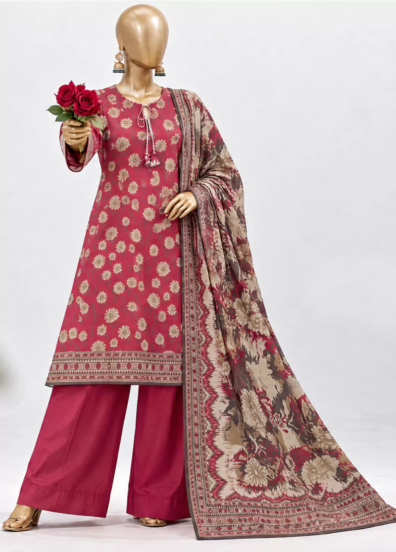 3 Piece Printed Stitched Red Color Khaddar Shirt with Trouser & Dupatta