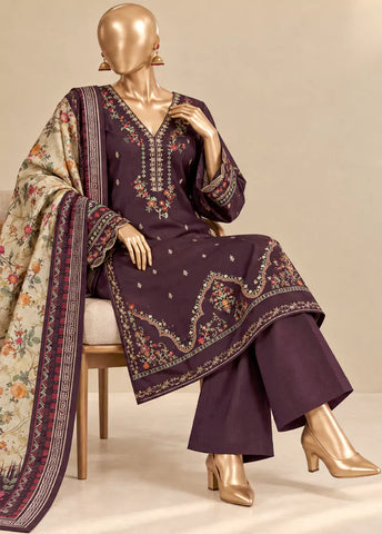 3 Piece Embroidered Stitched Plum Color Khaddar Shirt with Trouser & Dupatta