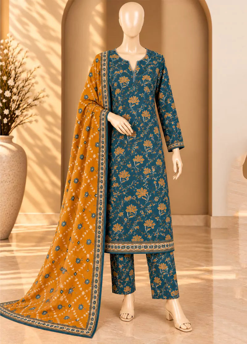 3 Piece Printed Stitched Blue & Mustard Color Khaddar Shirt with Trouser & Dupatta