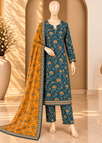 3 Piece Printed Stitched Blue & Mustard Color Khaddar Shirt with Trouser & Dupatta