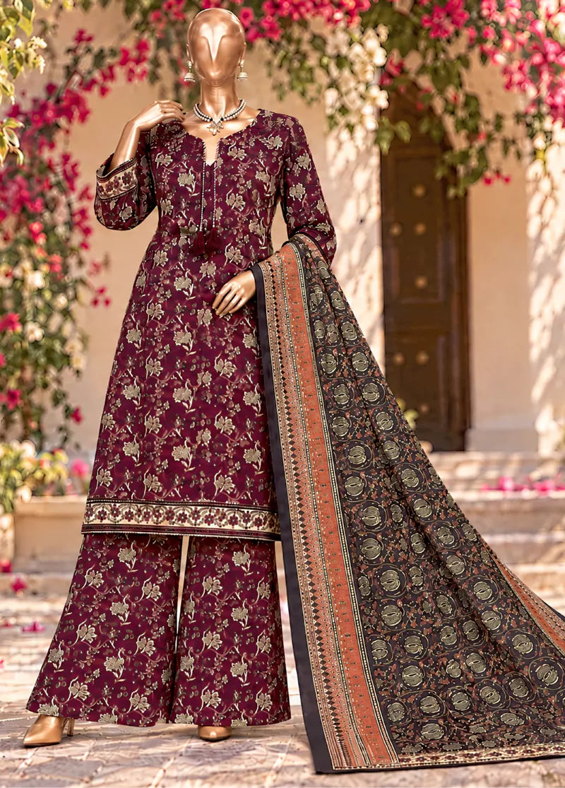 3 Piece Printed Stitched Maroon Color Khaddar Shirt with Trouser & Dupatta