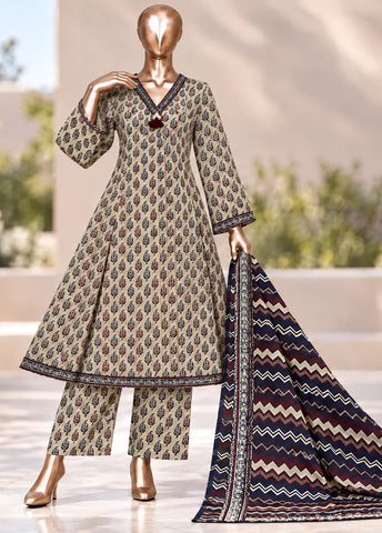 3 Piece Printed Stitched MultiColor Khaddar Frock with Trouser & Dupatta