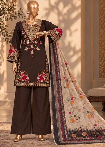 3 Piece Embroidered Stitched Brown Color Khaddar Shirt with Trouser & Dupatta