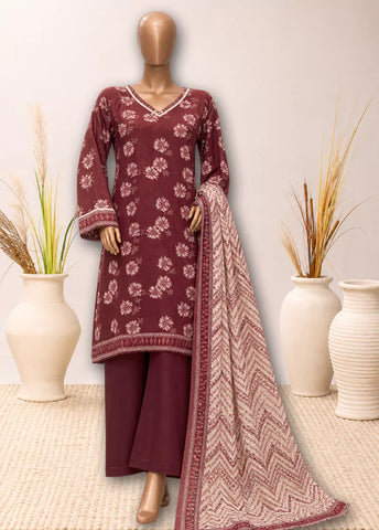 3 Piece Printed Stitched Maroon Color Khaddar Shirt with Trouser & Dupatta