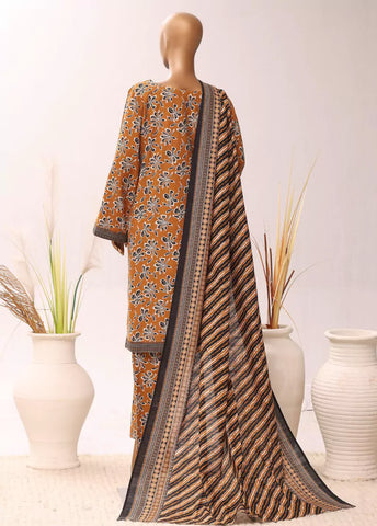 3 Piece Printed Stitched Honey Orange Color Khaddar Shirt with Shalwar & Dupatta