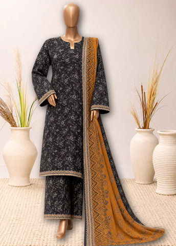 3 Piece Printed Stitched Black Color Khaddar Shirt with Trouser & Dupatta