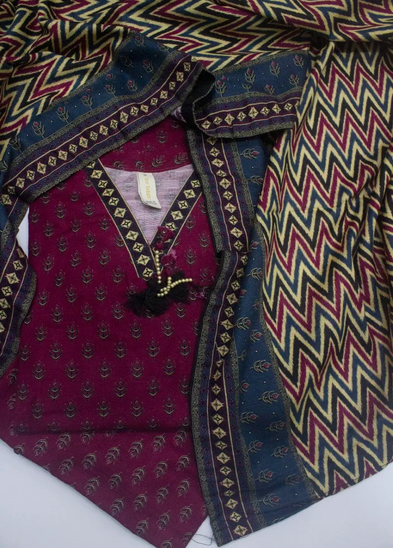 3 Piece Printed Stitched Shocking Pink Color Khaddar Shirt with Trouser & Dupatta
