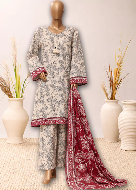 3 Piece Printed Stitched Off White Color Khaddar Shirt with Shalwar& Dupatta