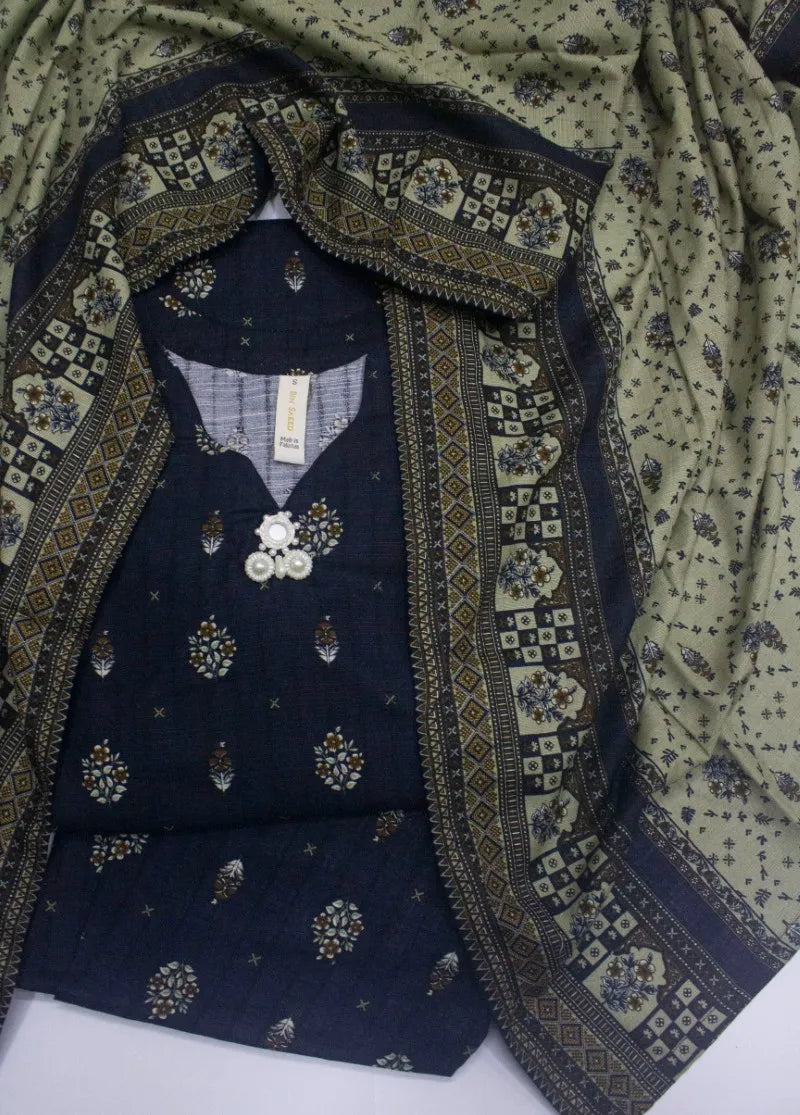 3 Piece Printed Stitched Black Color Khaddar Shirt with Trouser & Dupatta