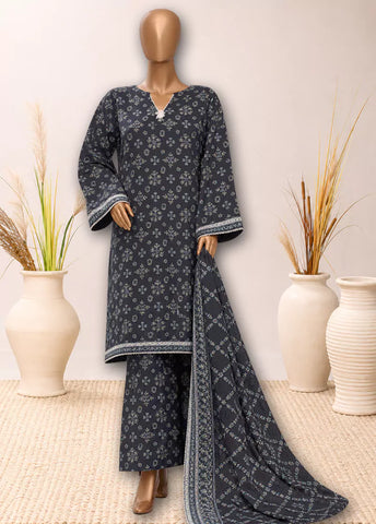 3 Piece Printed Stitched Navy Blue Color Khaddar Shirt with Trouser & Dupatta