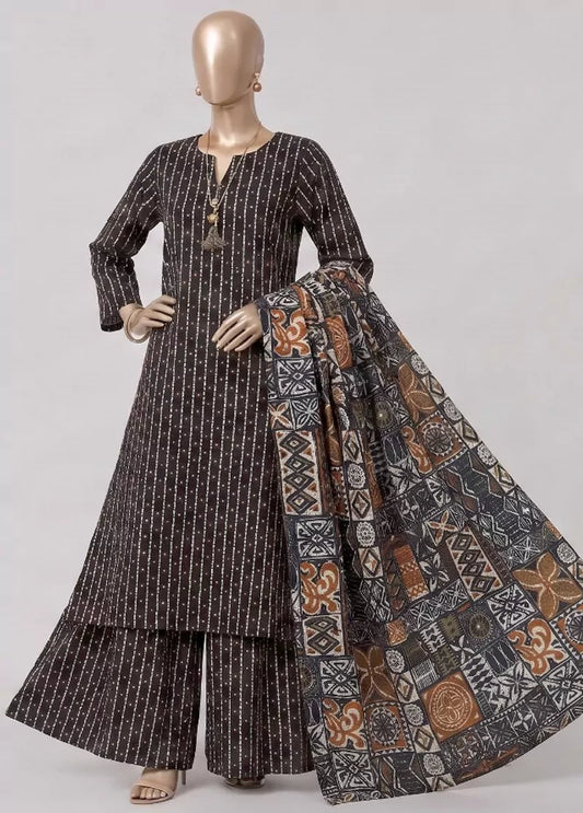 3 Piece Printed Stitched Brown Color Khaddar Shirt with Trouser & Dupatta
