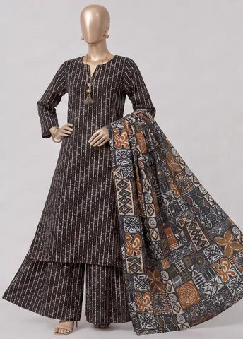 3 Piece Printed Stitched Brown Color Khaddar Shirt with Trouser & Dupatta