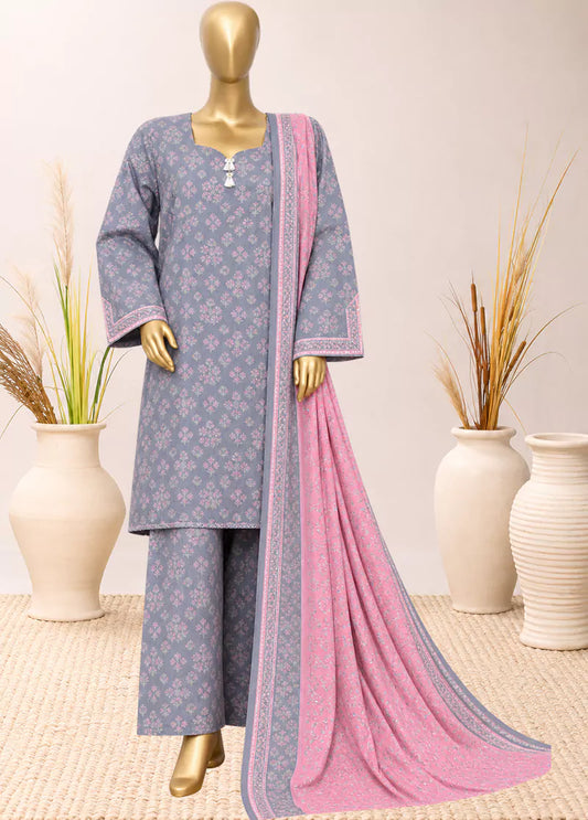 3 Piece Printed Stitched Grey Color Khaddar Shirt with Trouser & Dupatta