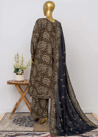 3 Piece Printed Stitched Black & Brown Color Khaddar Shirt with Trouser & Dupatta