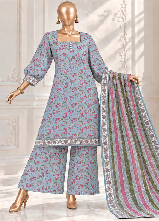 3 Piece Printed Stitched Light Blue Color Khaddar Shirt with Trouser & Dupatta