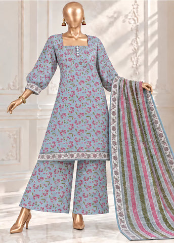 3 Piece Printed Stitched Light Blue Color Khaddar Shirt with Trouser & Dupatta