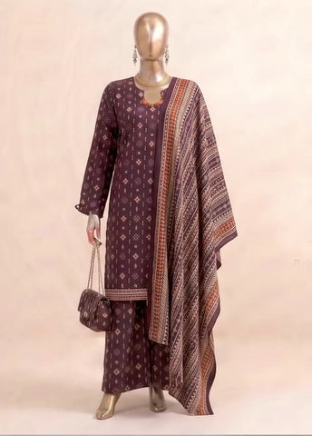 3 Piece Printed Stitched Brown Color Khaddar Shirt with Trouser & Dupatta